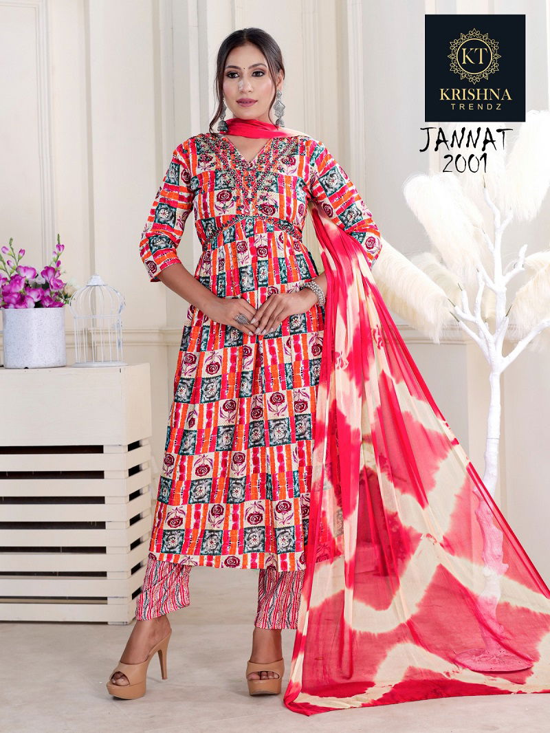 Jannat Vol 1 By Krishna Alia Cut Rayon Printed  Kurti With Bottom Dupatta Wholesale Online
